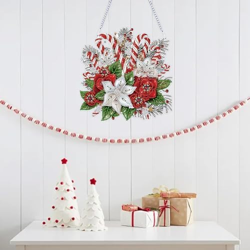 Christmas Diamond Art Hanging Kits for Adults, Special Shaped Diamond Painting,Double Sided 5D DIY Acrylic Diamond Art Painting Window Pendants Home Garden Wall Hanging Kits Cane candy wreath Ornament