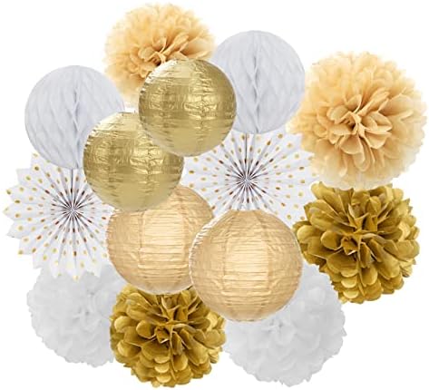 White Gold Party Decorations Streamers - 14pcs Christmas Wedding Engagement Paper Lanterns Fan,Tissue Pom Poms,Honeycomb Balls,Bachelorette Neutral Birthday Baby Bridal Shower Decor Lasting Surprise