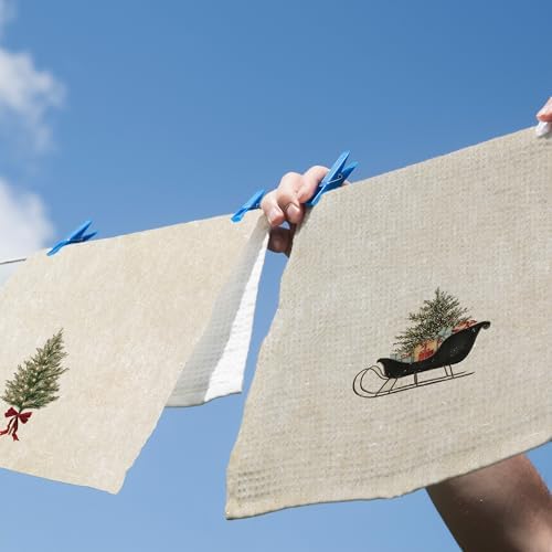 XPH Vintage Christmas Tree Kitchen Dish Towels Set of 2, Christmas Kitchen Gifts, Rustic Farmhouse Winter Xmas Sleigh Seasonal Hand Towels Tea Towel Decorations, 16x24inch