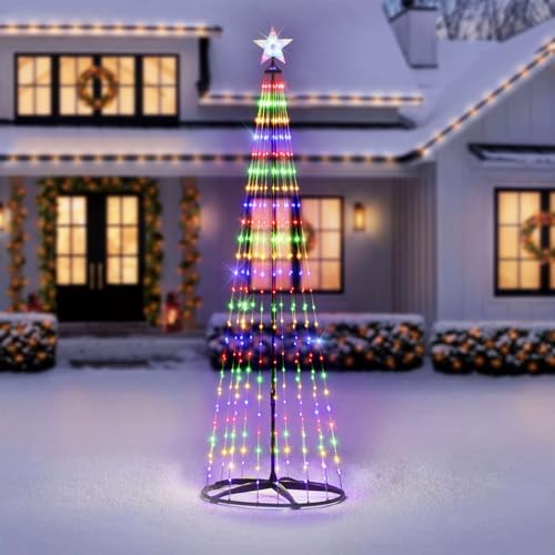 7 ft Lighted Outdoor Christmas Tree, 310 LEDs Pre-lit Christmas Cone Tree with Star Topper for Indoor and Outdoor Holiday Decorations (Multi Color)