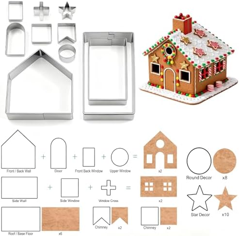 10Pcs Gingerbread House Cookie Cutters Set for Christmas Winter Holiday Baking and Decoration, Stainless Steel 3D Gingerbread House Kit for Kids Adults, Gift Package
