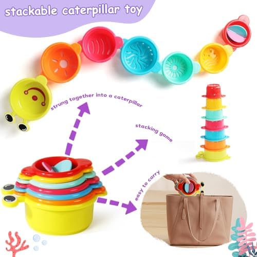 11 PCS Toddler Bath Toys for Kids Ages 1-3 Baby Shower Toys Mold Free Bathtub Toys for 12-18 Months Pool Water Table Beach Sand Toys Stacking Cups for Kids 2-4 Christmas Birthday Gifts for Boys Girls