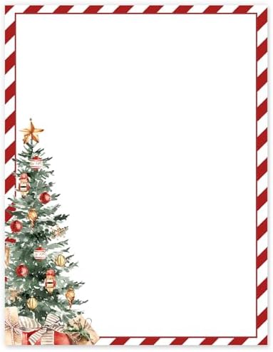 Whaline 60 Sheets Christmas Stationery Letterhead Paper Double-Sided Print Red Stripe Xmas Tree Letter Writing Paper for Notes Greeting Cards Invitation Office Printing, 8.5 x 11 Inch