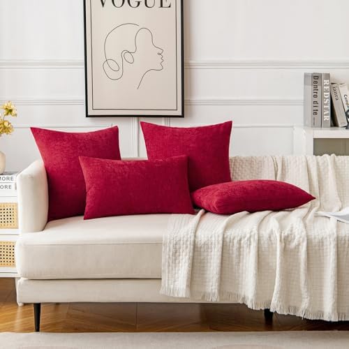 Woaboy Pack of 2 Red Pillow Covers 20x20 Inch Christmas Soft Chenille Couch Throw Pillows Solid Color Cushion Covers Home Decoration for Spring Sofa Living Room