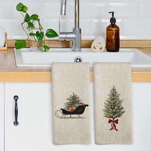 XPH Vintage Christmas Tree Kitchen Dish Towels Set of 2, Christmas Kitchen Gifts, Rustic Farmhouse Winter Xmas Sleigh Seasonal Hand Towels Tea Towel Decorations, 16x24inch