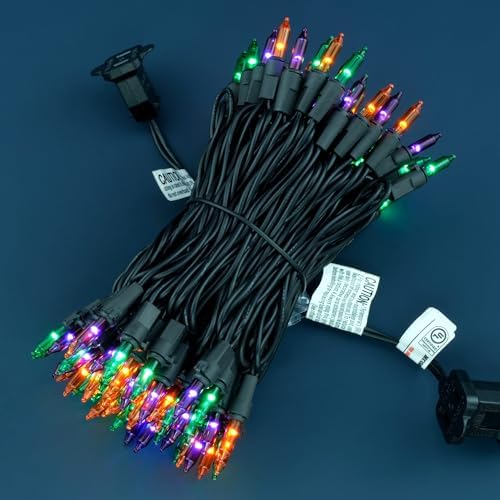 YULETIME 100 Count Orange Green Purple Christmas Lights, 33 Feet Black Wire UL Certified Incandescent-Like LED Mini String Lights