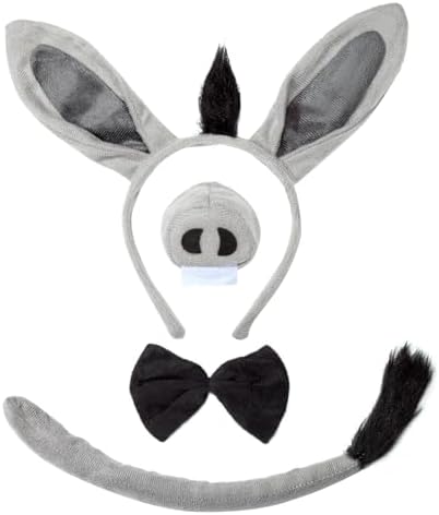 JIALWEN Donkey Costume Set Donkey Ears Headband Nose and Tail Bowtie Animal Kit Cosplay Party Decor Halloween Christmas Easter Dress Up Accessories