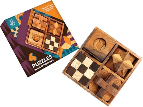 BSIRI Wooden Puzzle Box Set (4 Games) - Challenging Brain Teasers 3D Puzzles for Adults, Interlocking Games for IQ Test. Ideal for Rustic Patio Decor, Unique Gift for Christmas and Birthdays