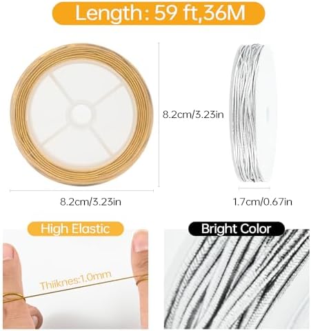 2 Rolls Metallic Elastic Cords Elastic String Gold Silver Stretch Cord Metallic Tinsel Rope for Craft Making Gift Wrapping, Jewelry Making Hair Braids Bracelets, Christmas Crafts DIY 1.0 mm 118 ft