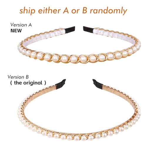 YARN & INK Women's Pearls Headbands Fashion Beaded Metal Headband, Vintage Hair Accessories Non Slip for Women Girls Christmas Gift (Pearls Line)