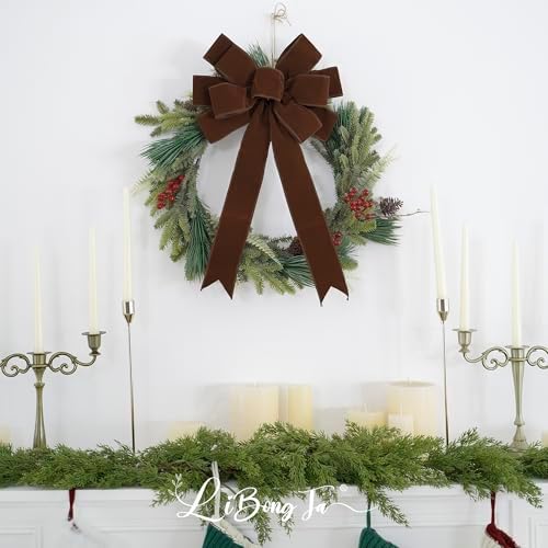 13" Brown Bow Pre-Tied Bow for Christmas Tree, Brown Velvet Ribbon Bow for Wreaths, Tree Toppers Bow, Premade Bow, Gift Bow for Party Favor, Christmas Home Indoor Outdoor Decor-1 Counts
