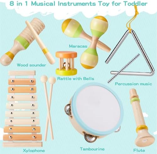Baby Musical Instruments Set Montessori Wooden Toy for Toddlers 3 Percussion Music Xylophone for Kids Preschool Learning Resource Christmas Birthday Gifts for Boys Girls Aged 3 4 5 (Warm)
