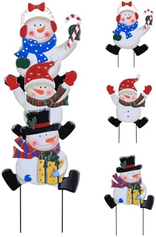 YEAHOME Outdoor Christmas Decorations, Stacked 3 Snowman Decorative Garden Stakes for Christmas Decor, Metal Yard Signs Xmas Decorations for Outside Garden Yard Lawn Porch Holiday Party