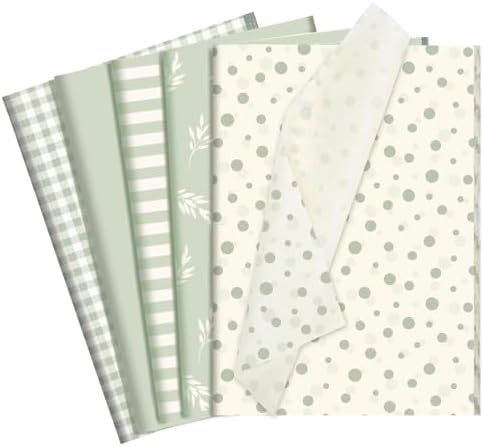 120 Sheets Green Tissue Paper for Gift Bags, Sage Green Botanical Stripe Dot Gift Wrapping Paper Bulk for Wedding Baby Shower Birthday Party Christmas DIY Crafts Packaging, 14 x 20 Inch