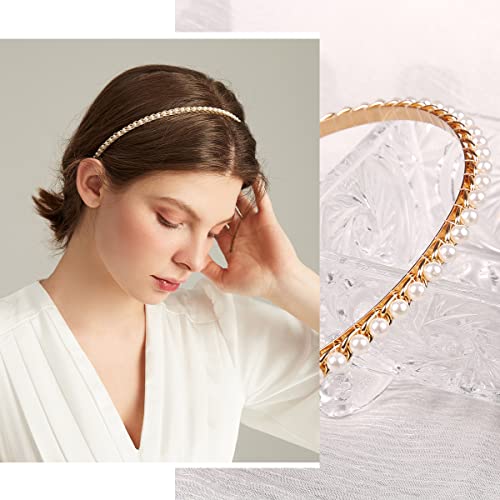 YARN & INK Women's Pearls Headbands Fashion Beaded Metal Headband, Vintage Hair Accessories Non Slip for Women Girls Christmas Gift (Pearls Line)