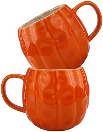 2pcs Pumpkin Mugs - 17 oz Large Fall Coffee Mugs - Ceramic Pumpkin Mugs for Cappuccino Coffee Latte Drinkings - Women Men Thanksgiving Christmas Gift