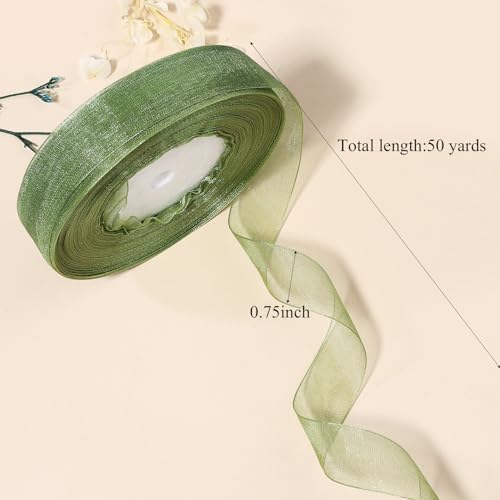 3/4 inch Sage Green Sheer Organza Ribbon 50 Yards Chiffon Ribbon for Gift Wrapping Christmas Halloween Decoration Wedding Flower Bouquet Crafts