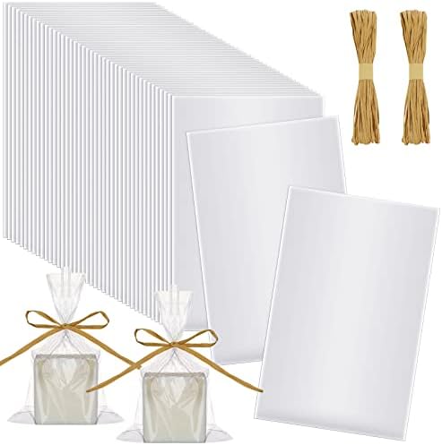 Tudomro 200 Pcs Clear Flat Cellophane Soap Bags for Packaging 4.9'' x 7.9'' Small Mini Soap Cookie Candy Wrappers Bags with Raffia Rope for Wedding Christmas Craft Gift Birthday Party Favor Supplies