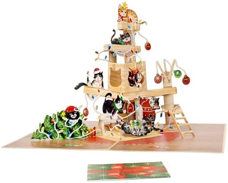 Xmas Cat Tree Pop Up Card, Merry Christmas, Presents, Balls, Funny 3D Greeting Card, Ideal Gift for Xmas Season, Table Decorations, Cat Lover, 5x7 - Includes Envelope And Message Note