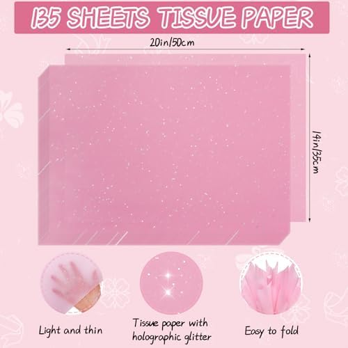 woric 135 Sheets Glitter Pink Tissue Paper 20 x 14 Inch Light Pink Tissue Paper for Gift Bags Wedding Girls Party Baby Shower Birthday Christmas Decor Art DIY Project