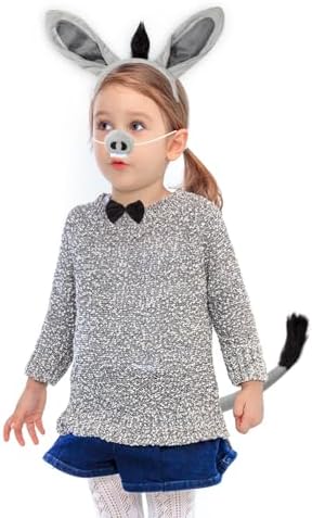 JIALWEN Donkey Costume Set Donkey Ears Headband Nose and Tail Bowtie Animal Kit Cosplay Party Decor Halloween Christmas Easter Dress Up Accessories