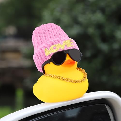 wonuu Car Dashboard Rubber Ducks Saint Valentine's Day Decorations, Christmas Eve Rubber Ducky for Car Ornament Cute Duck with Love Knit Hat, Glasses, Necklace, Pink