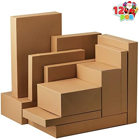JOYIN 12PCS Christmas Brown Gift Boxes with Lids for Presents, 4" Deep Large Shirt Robe Wrapping Box, 4 Different Sizes Holiday Festive Lingerie Cupcake DIY Kraft Cardboard Boxes
