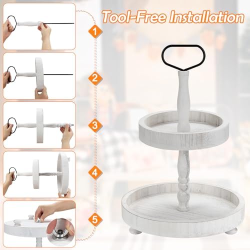 2 Tiered Tray Stand Decor, Wooden 13 Inch Tiered Tray Decor for Farmhouse, Kitchen, Coffee Bar, Home, Suit for Halloween, Fall Thanksgiving, Christmas, New Year