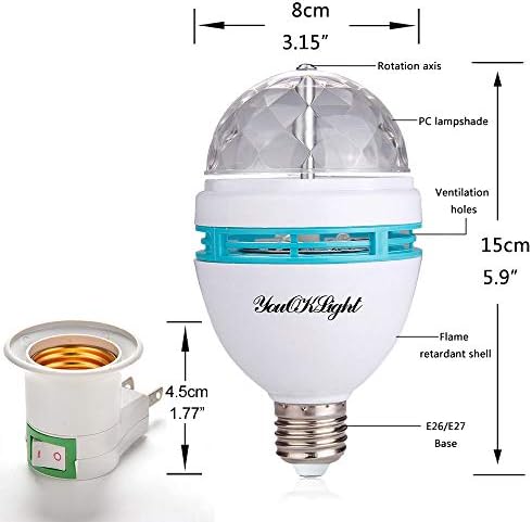 YouOKLight E26 Rotating RGB Disco Ball Light, LED Strobe Bulb Magic Ball Light, for Birthday Party Club Bar Karaoke Halloween Christmas