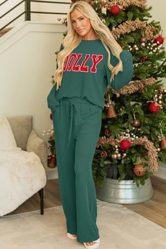 Women Pajamas Set Loungewear Ribbed Long Sleeve Top and Pants with Pockets Lounge Sweatsuit Set