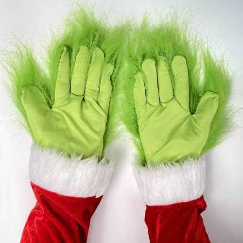 Green Furry Plush Gloves Adults and Kids, Christmas Santa Cosplay Costume Mask Props Green Hands Gloves