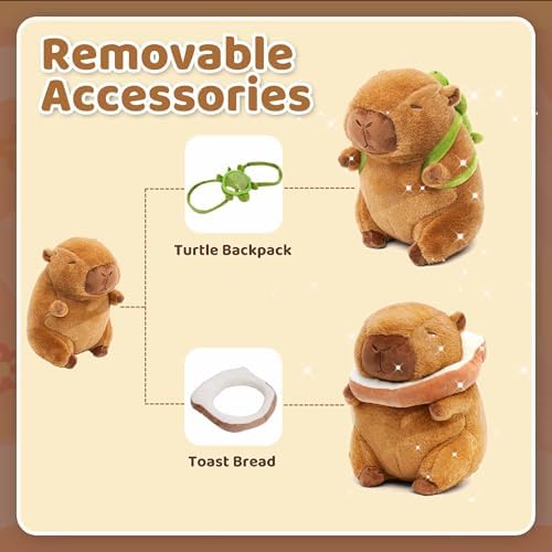 2 Pack Cute Capybara Plush with Turtle Backpack and Bread Plushies, 9.8In Soft Capybara Stuffed Animals Funny Plushie Toy for Kids, Christmas Birthday Gifts for Boys Girls