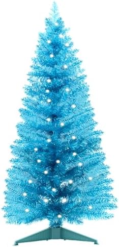 4ft Lighted Artificial Blue Christmas Tree，Small Snowy Artificial Xmas Tree, Not Pre-lit White Tinsel Pine Trees with Lights for Small Spaces, Office Lobby & Winter Wedding Centerpiece
