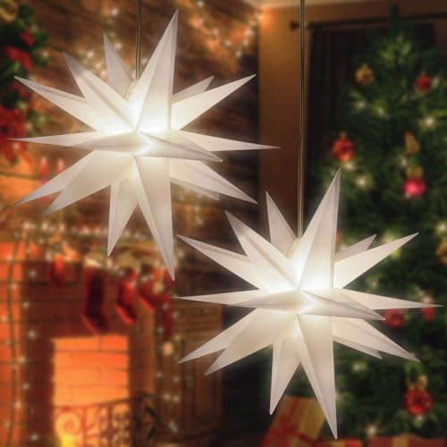 2 Pack 18-Pointed Moravian Star Christmas Lights Decorations with Timing Function, Hanging Outdoor/Indoor Christmas Star Decor, Warm White (18")