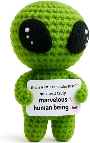 Boss Day Appreciation Gifts - Christmas Stocking Stuffers for Adult - Office White Elephant Exchange, Birthday Gifts for Coworkers, Teachers, Friends, Crochet Alien Plush with Positive Message Card