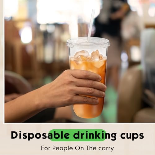 100 Sets Clear Plastic Cups with Lids and Straws, Disposable Iced Coffee Cups for Drinking, Cold Drinks, Juice, Smoothie, Pet Cup for Coffee Shops, Party, Christmas(20 oz)