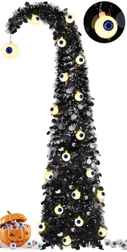 MACTING Whimsical Halloween Tree with Eyeball String Lights 5FT Black Pop Up Christmas Tree with 30 Eyeball Lights Collapsible Tinsel Pencil Curved Tree for Apartment Porch Indoor Outdoor Xmas Decor