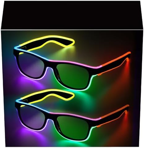 YouRfocus Led Light up Glasses 2 Pack Multi-Color Glow in the Dark Neon Rave Glasses for Rave Party, EDM, Halloween, Christmas, Wired with Battery Power (6 colors)