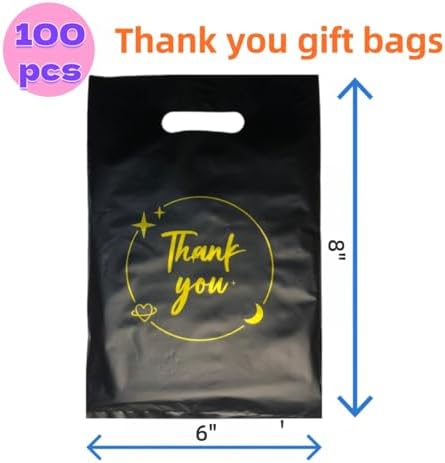 100PCS Black Thank You Gift bag, reusable plastic bag with suitable for boutiques,retail shopping,weddings, birthdays,Thanksgiving,Christmas,business gifts, stores,party and boutique bags,(6"x8")