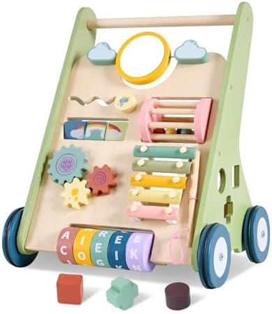 Wooden Baby Walker Wheels,Baby Push Walker for Babies 6-12 Months Montessori,Toddler Walker Push Toy Wooden Activity Walker for Baby Boy,Walking Toys for 1 Year Old Learning to Walk Girl Christmas
