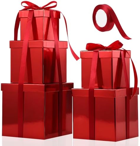 Cholemy 5 Pcs Square Nesting Boxes Decorative Gift Boxes with Lid and Ribbon Assorted Sizes Wrap for Wedding, Halloween, Thanksgiving, Christmas, Anniversary, Birthday, Bridal Party(Shiny Red)