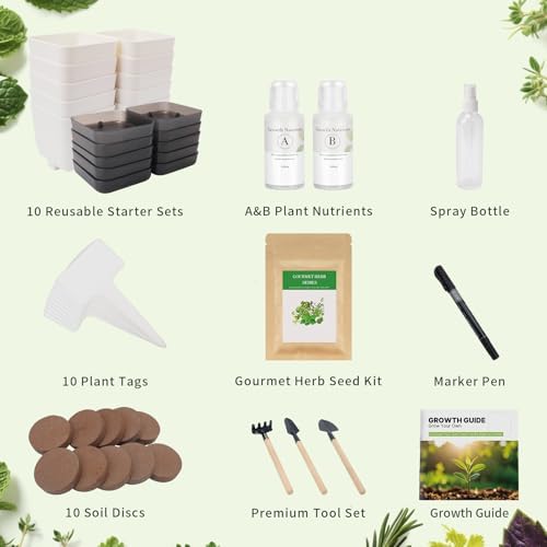 10-Set Indoor Herb Garden Starter Kit, 7 Seeds Growing into Basil, Parsley, Thyme, Mint, Cilantro, Dill, Oregano Including 10 White Pots, Markers, Nutritional Soil, Ideal Christmas Gifts for Women