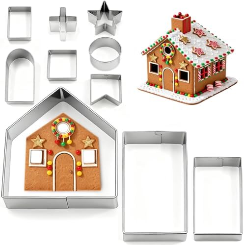 10Pcs Gingerbread House Cookie Cutters Set for Christmas Winter Holiday Baking and Decoration, Stainless Steel 3D Gingerbread House Kit for Kids Adults, Gift Package