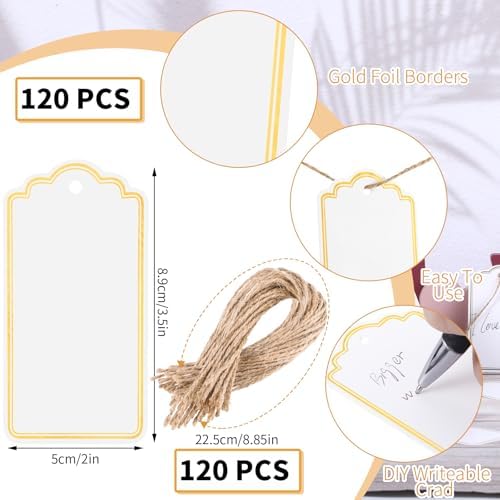 120 PCS Gift Tags with String Gold Foil Metallic Gift Tags Writable Blank Tag for Baby Shower Birthday Wedding Presents Labeling DIY Craft Project Christmas Stocking Stuffers 3.5''×2''