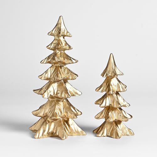 Gold Christmas Tree Figurines, Small Resin Christmas Trees Home Decor, Tabletop Tree Set of 2, Decorative Xmas Trees for Christmas Decorations Indoor Mantle Centerpieces
