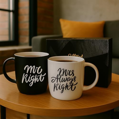 Triple Gifffted Mr Right Mrs Always Right Coffee Mugs Gifts Ideas for Couples, Wedding Anniversary, Engagement, Christmas, His & Hers, Bride and Groom, Parents, Newlyweds Bridal Shower, Ceramic 380ml