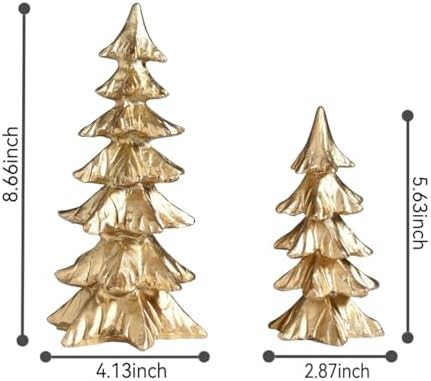 Gold Christmas Tree Figurines, Small Resin Christmas Trees Home Decor, Tabletop Tree Set of 2, Decorative Xmas Trees for Christmas Decorations Indoor Mantle Centerpieces