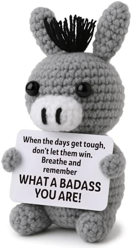 Funny Positive Badass Donkey Crochet Plush, Christmas Stocking Stuffer Motivational Gift for Coworkers, Best Friends – Emotional Uplifting Support Small Cute Crochet Stuffed Animals for Women Men