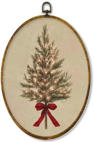 XPH Vintage Christmas Tree Oval Wall Art Framed, Rustic Coquette Red Bow Tree Oval Wall Decor, Farmhouse Cozy Christmas Hanging Canvas Prints for Home Bedroom Living Room Decoration, 8.6x11.4 Inch