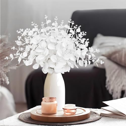 14PCS White Eucalyptus Artificial Faux Flowers for Decoration - Fake Silk Stems in Vase Christmas Holiday Winter Wedding Home Decor